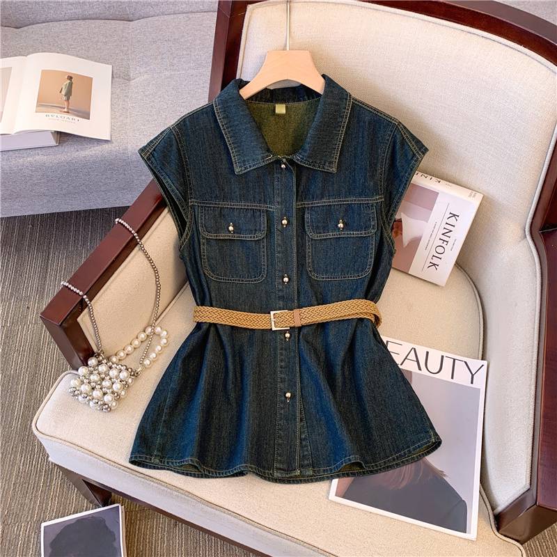 Retro Hong Kong style mid -length denim shirt women summer new high -end vest flying sleeve cardigan jacket top