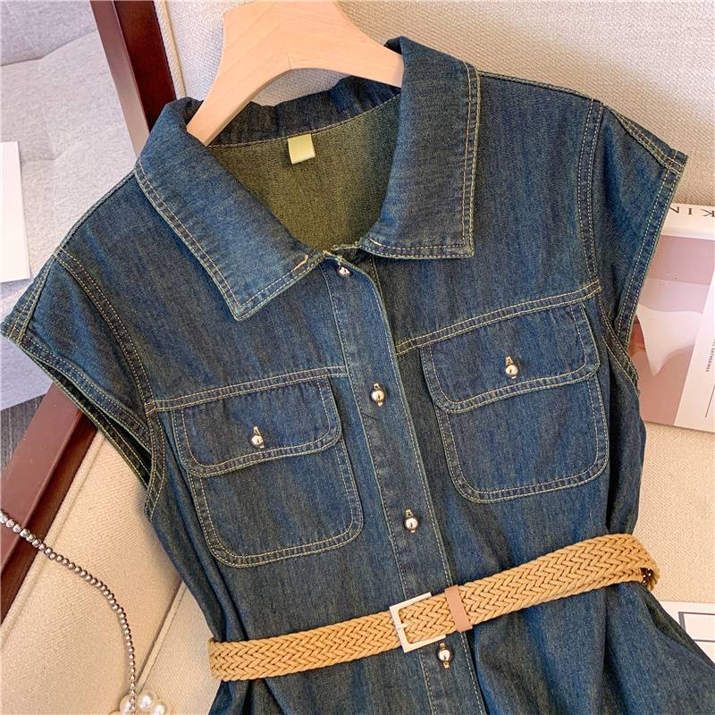 Retro Hong Kong style mid -length denim shirt women summer new high -end vest flying sleeve cardigan jacket top