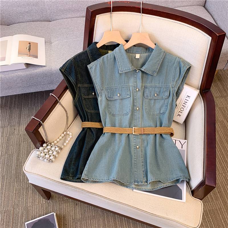 Retro Hong Kong style mid -length denim shirt women summer new high -end vest flying sleeve cardigan jacket top