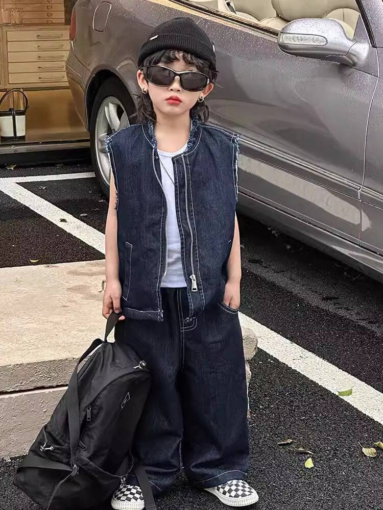 Children's Vest 2024 Spring New Children's Clothing Set Stroke Plumb Cascus Jeans Han Fan Wai Tide