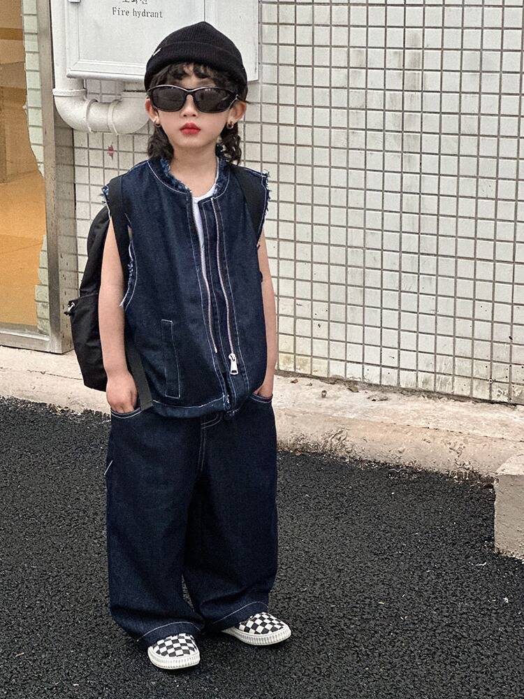 Children's Vest 2024 Spring New Children's Clothing Set Stroke Plumb Cascus Jeans Han Fan Wai Tide