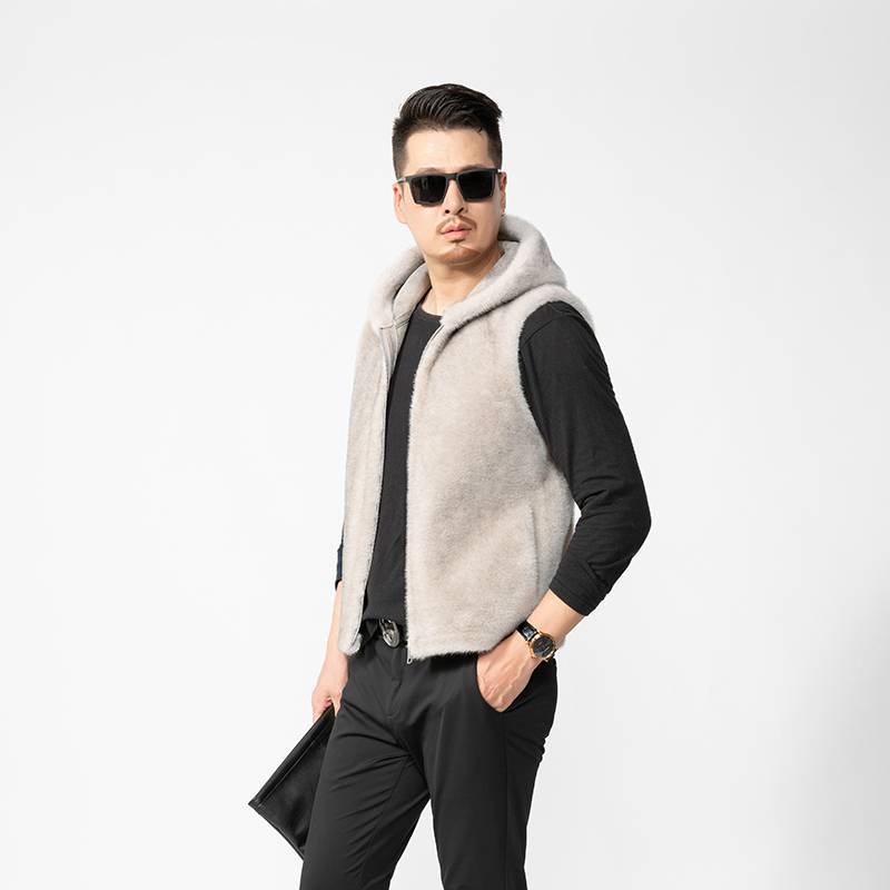 New imported mink coat men's water mink wool outer mink connecting hooded vest vest vests, shoulder winter Haining fur