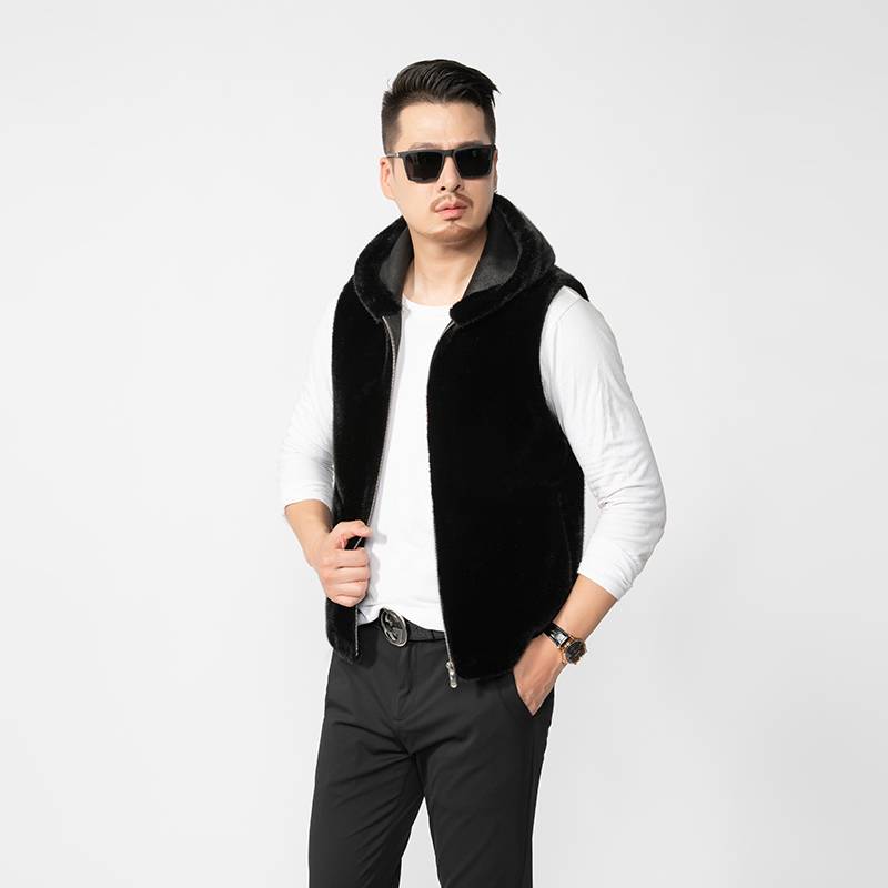 New imported mink coat men's water mink wool outer mink connecting hooded vest vest vests, shoulder winter Haining fur
