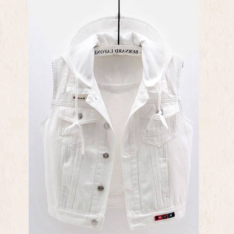 White denim vest female 2024 spring and autumn new Korean version of the versatile short hooded vest horses clip jacket