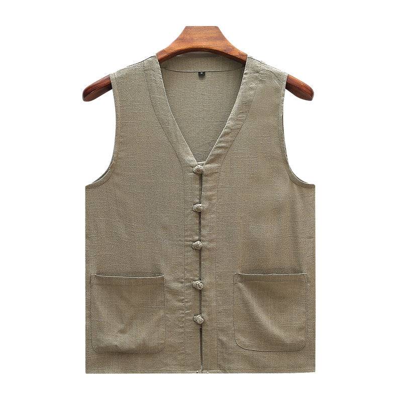 Men's linen vest Chinese style retro top in the middle of the elderly thin cotton and linen shoulder vest Vedic cardigan