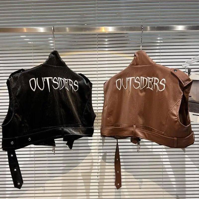 Girls in the fall of 2024 new leather vest back letter embroidery PU patent leather jacket locomotive vest fashion trend