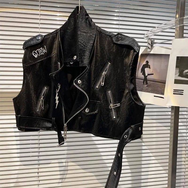 Girls in the fall of 2024 new leather vest back letter embroidery PU patent leather jacket locomotive vest fashion trend