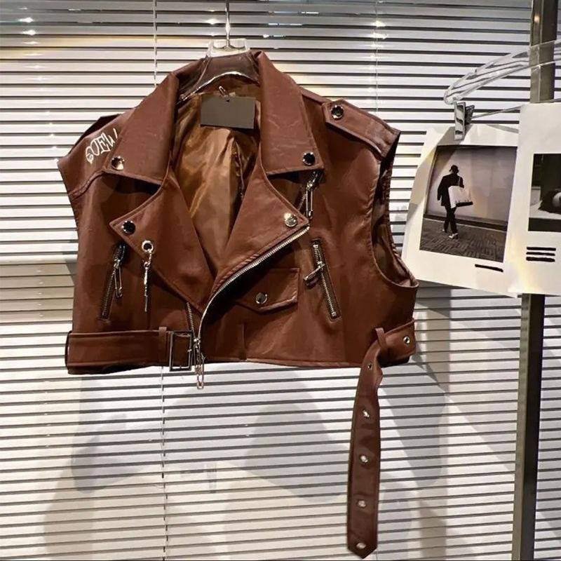 Girls in the fall of 2024 new leather vest back letter embroidery PU patent leather jacket locomotive vest fashion trend