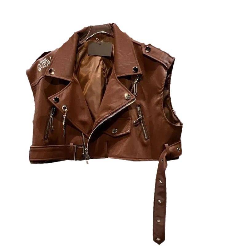 Girls in the fall of 2024 new leather vest back letter embroidery PU patent leather jacket locomotive vest fashion trend