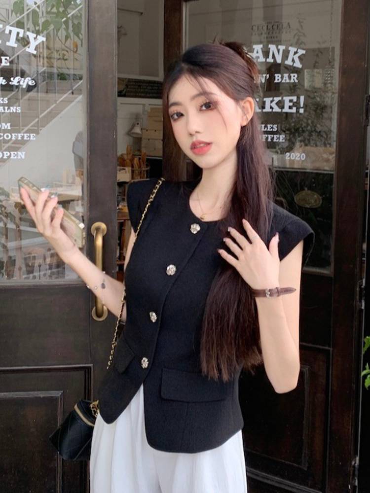 French small incense wind suits vest women's summer temperament slim short -handed sleeveless horses clip female top