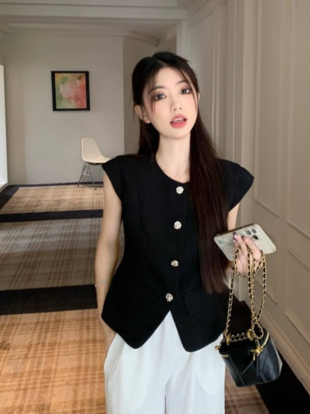 French small incense wind suits vest women's summer temperament slim short -handed sleeveless horses clip female top