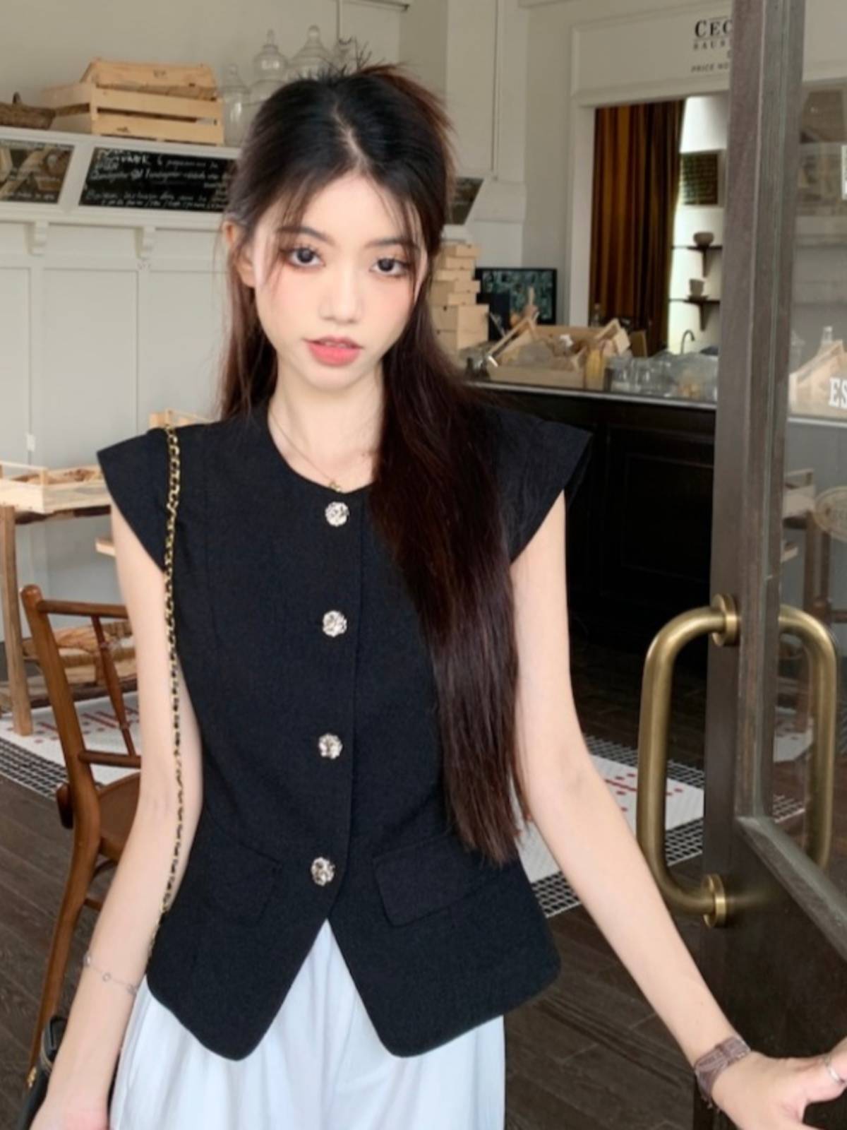 French small incense wind suits vest women's summer temperament slim short -handed sleeveless horses clip female top