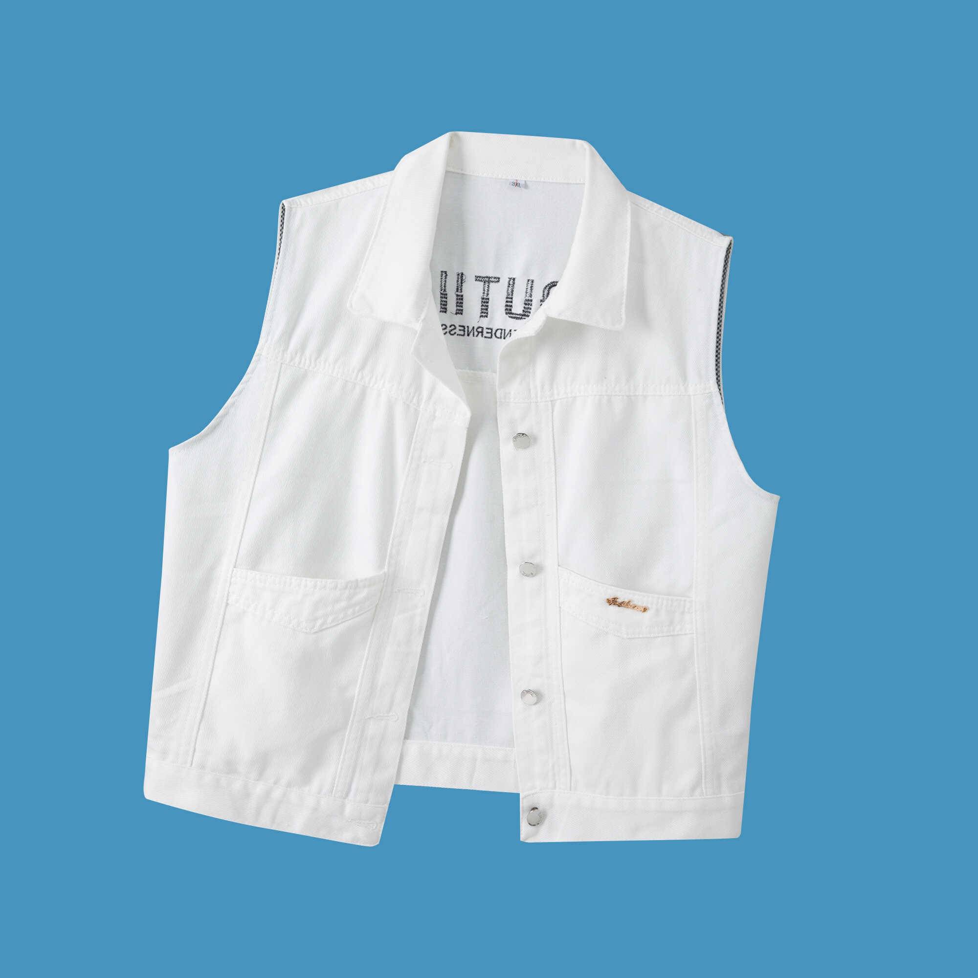2024 The new Korean version of the loose horse clip vest top embroidered white denim vest short jacket male spring and summer dress