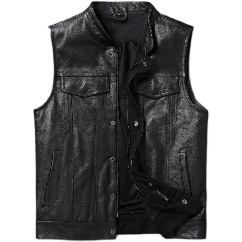 The chaotic son head layer cowhide vest Harley locomotive leather men's leather leather vest club leather jacket