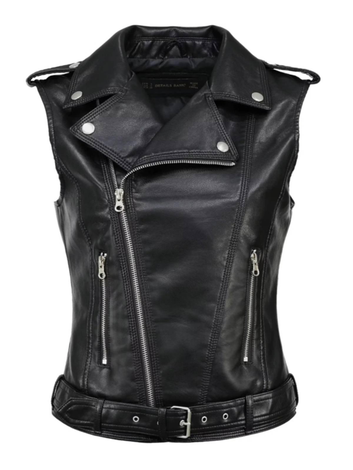 Spring and summer new product leather vest short shoulder chapter zipper zipper with belt slim sleeveless shoulder PU leather top jacket jacket