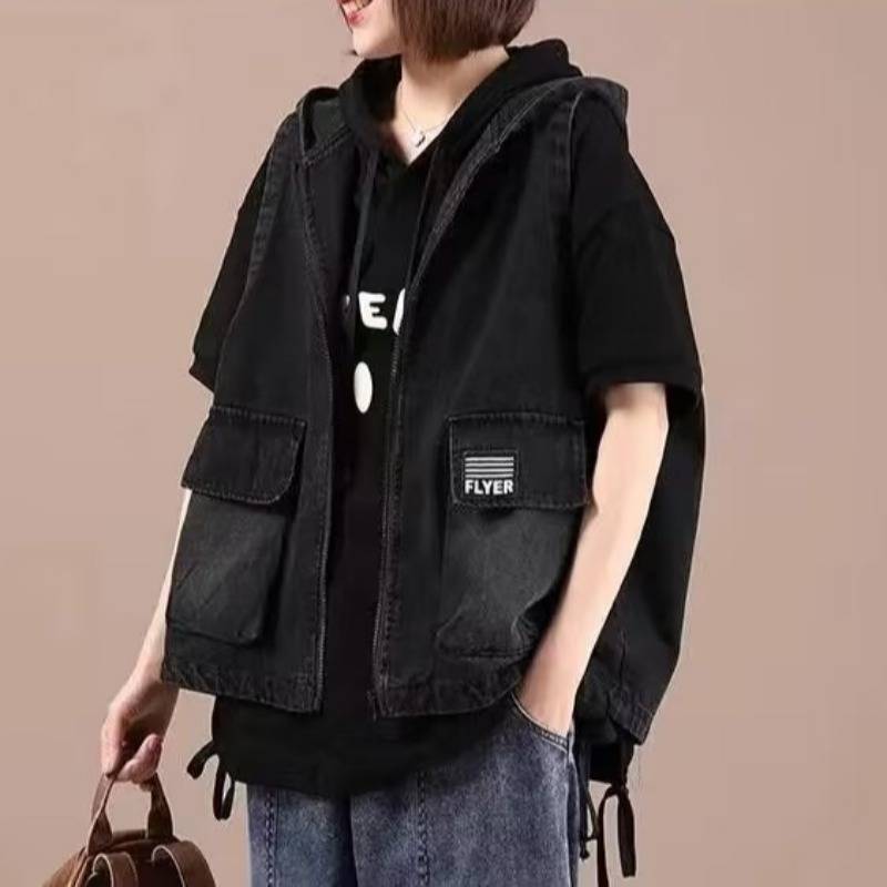 Export counters Spring and Autumn New Large -size Women's Gaunt denim vest hooded leisure horse clip zipper jacket