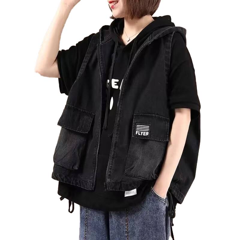 Export counters Spring and Autumn New Large -size Women's Gaunt denim vest hooded leisure horse clip zipper jacket