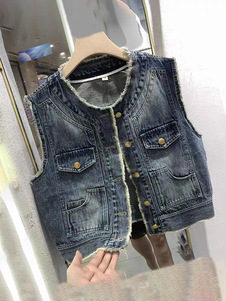 Girls' children's clothing denim vests spring and autumn children's sleeveless top French small incense breeze