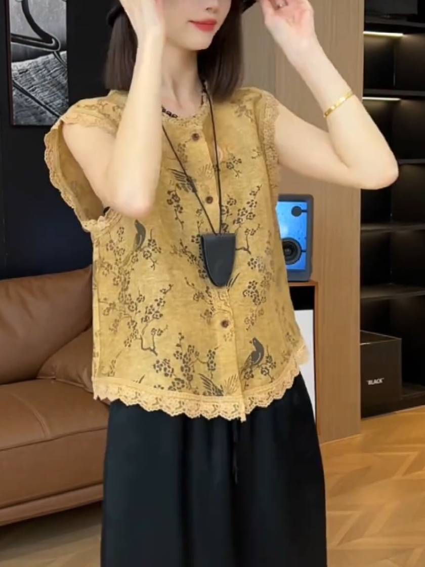 New Chinese -style sleeveless vest women's 2024 new summer top design feels national style lace vest vest vest jacket