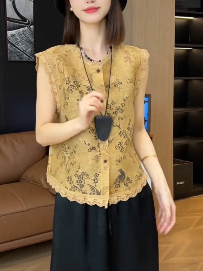 New Chinese -style sleeveless vest women's 2024 new summer top design feels national style lace vest vest vest jacket