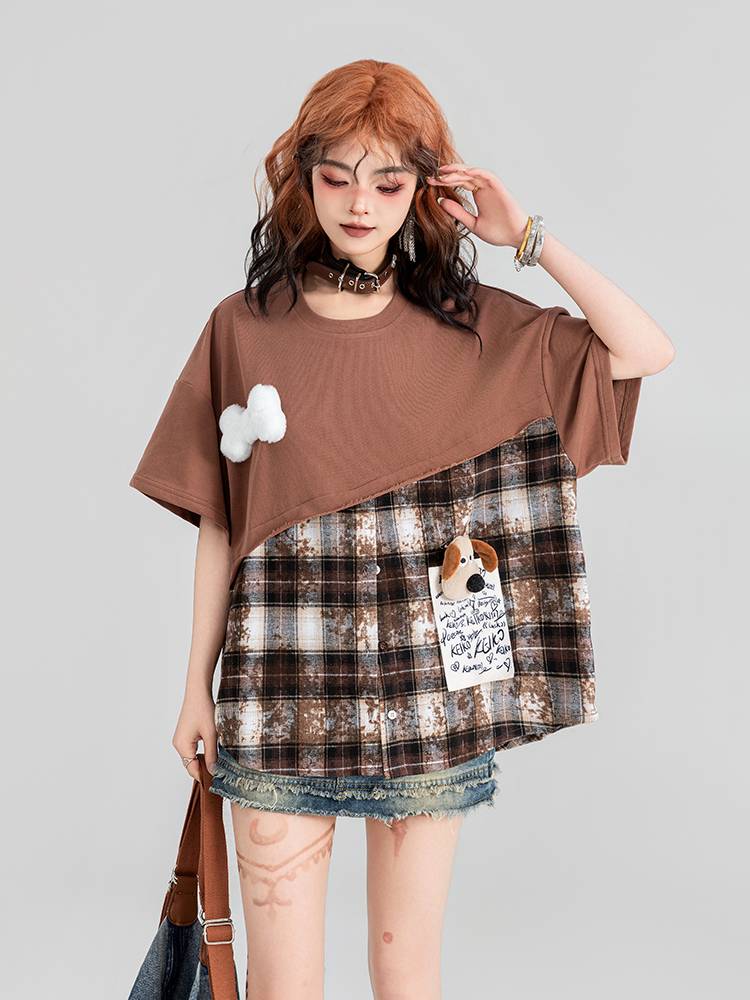 Keiko fun color matching short -sleeved T -shirt female 2024 summer ghost horse girl cartoon decoration loose half -sleeved top