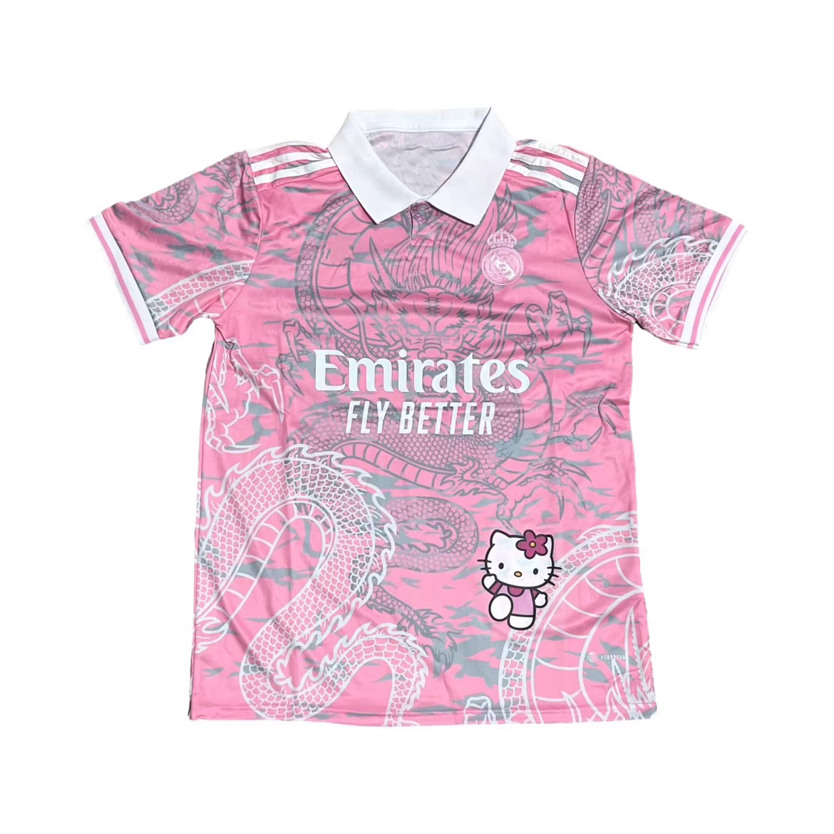 KT Pink White Dragon Year Real Madrid Halokitty Dragon Pattern Katie Cat Football Skill Short Sleeve Leisure Outdoor