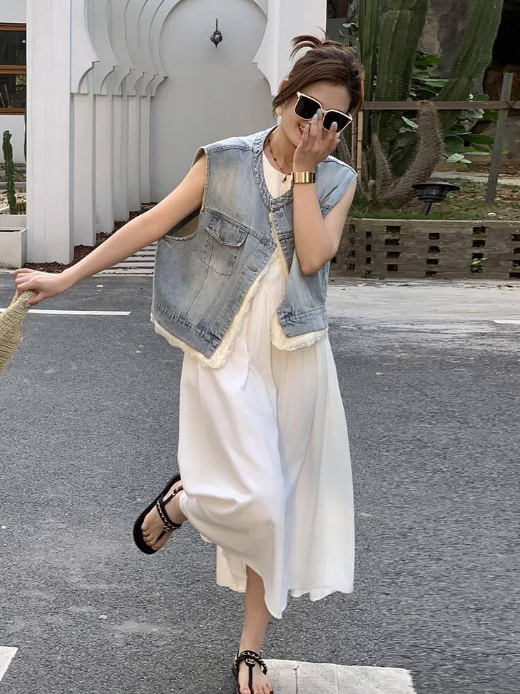 CHELZY lace stitching denim vest jacket female spring and summer new design sense is fashionable and thin short top