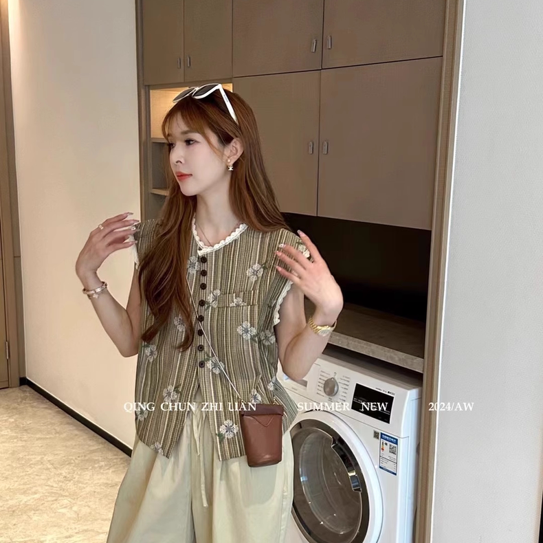 7811 European station summer new embroidered hemp vest female, M bust 104, long 53