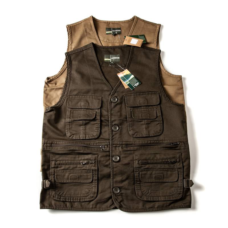 American leisure pure cotton vest men's multi -pocket all -cotton water washing shoulder outdoor workers top top vest horses tide