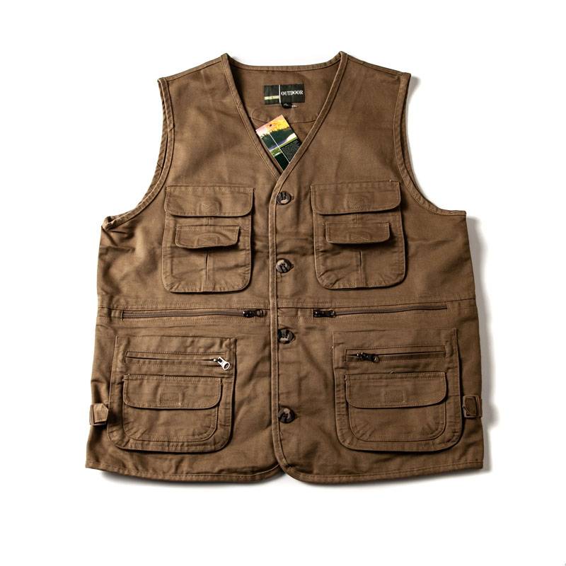 American leisure pure cotton vest men's multi -pocket all -cotton water washing shoulder outdoor workers top top vest horses tide