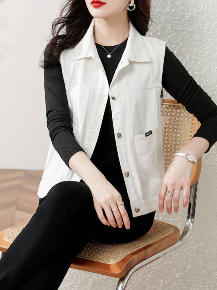 2024 spring and summer new pink short denim vest women's slimness and thin casual sleeveless horses big pocket top