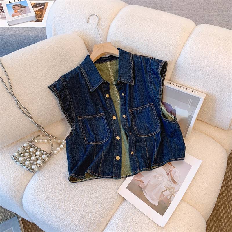 American retro temperament denim cardigan short -sleeved vest female summer new niche design sense sleeveless jacket top