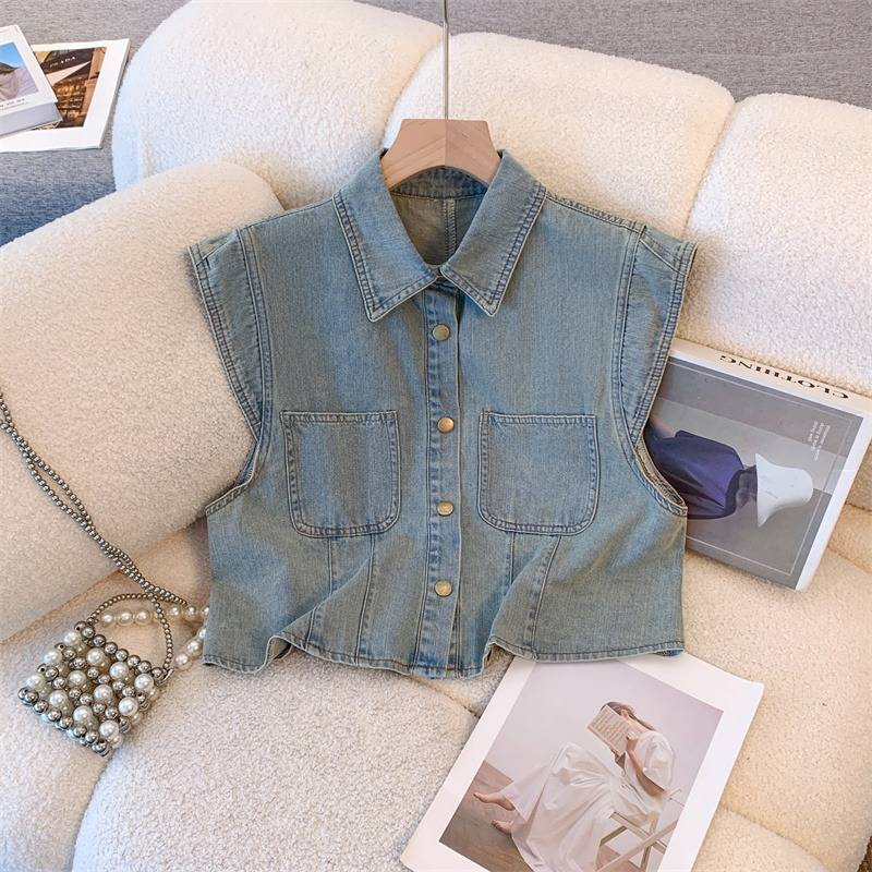 American retro temperament denim cardigan short -sleeved vest female summer new niche design sense sleeveless jacket top