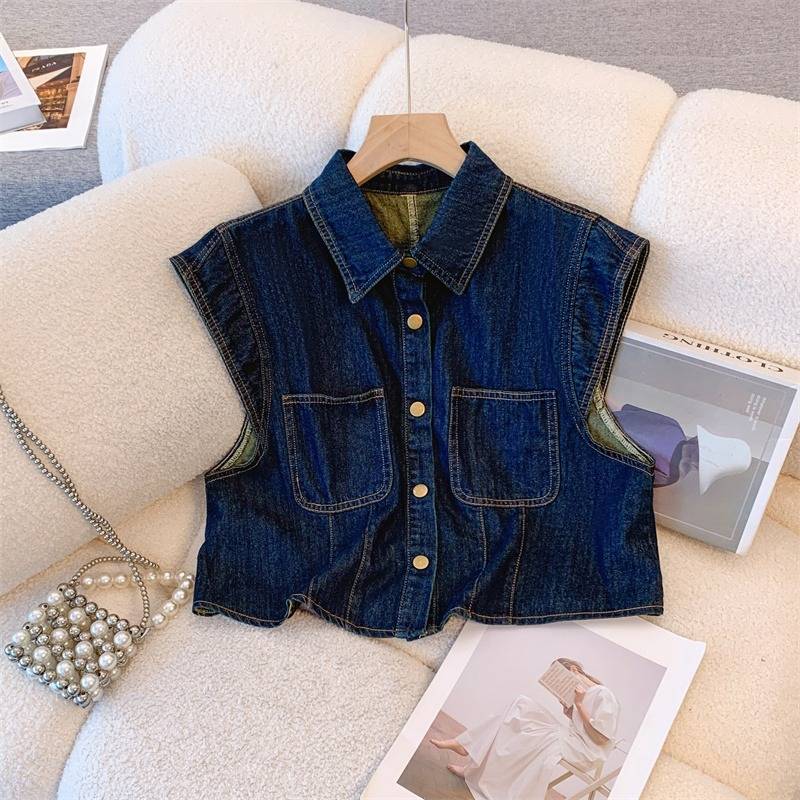American retro temperament denim cardigan short -sleeved vest female summer new niche design sense sleeveless jacket top