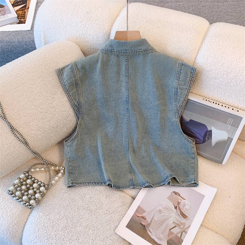 American retro temperament denim cardigan short -sleeved vest female summer new niche design sense sleeveless jacket top