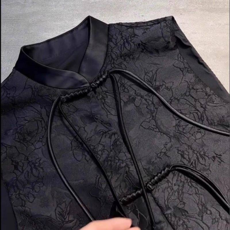New Chinese style black bi -flowering vest jacket female spring and autumn European goods flowing Supan buckle summer cloth shoulder horses clip top