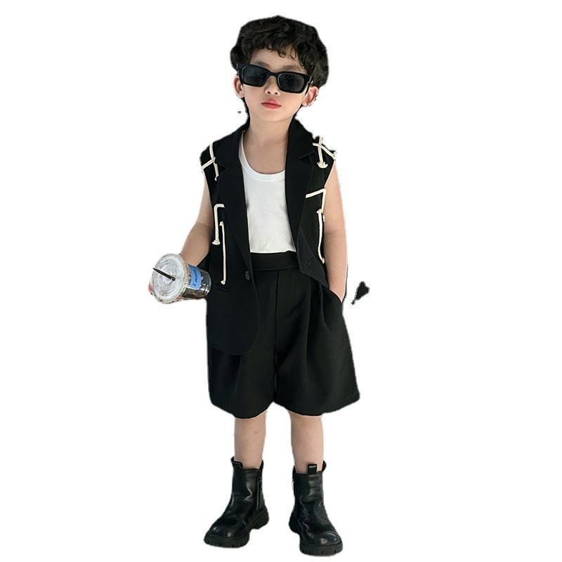 Boys' small suit vest set summer boy Korean version of the handsome casual black dress show showing the tide