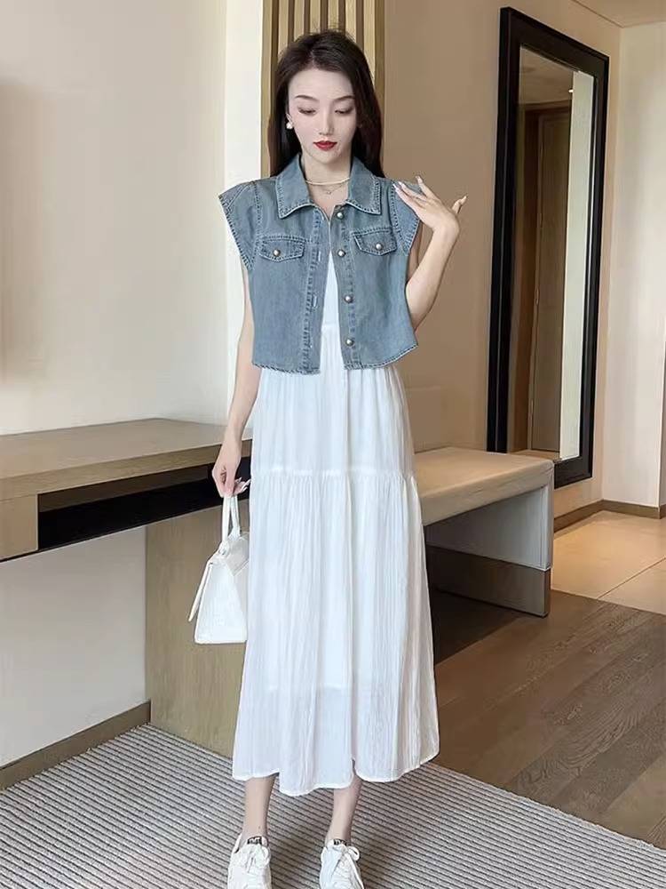 European goods summer French retro thin out -of -the -time outer denim hippoperma top+suspended beach dress two -piece suit