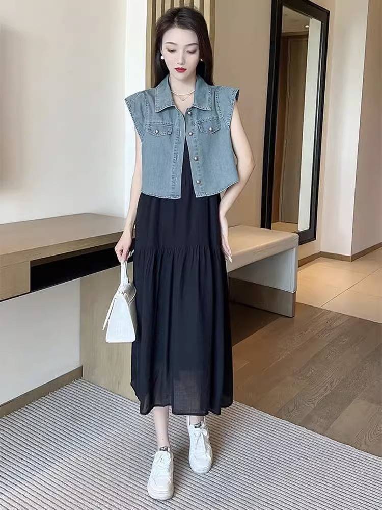 European goods summer French retro thin out -of -the -time outer denim hippoperma top+suspended beach dress two -piece suit