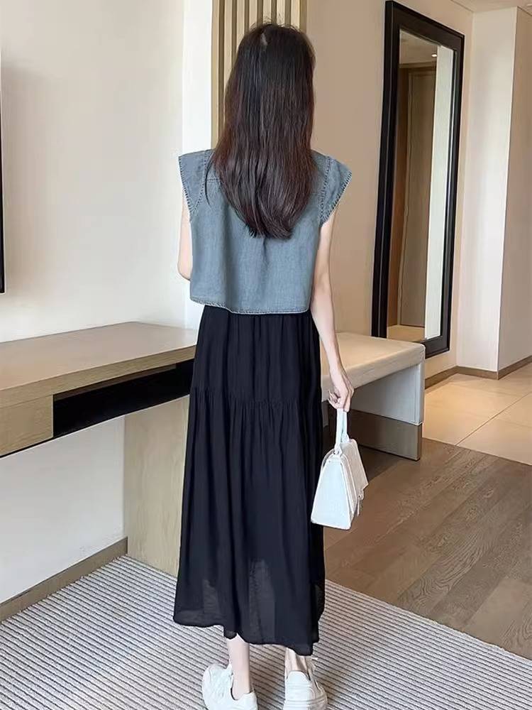 European goods summer French retro thin out -of -the -time outer denim hippoperma top+suspended beach dress two -piece suit