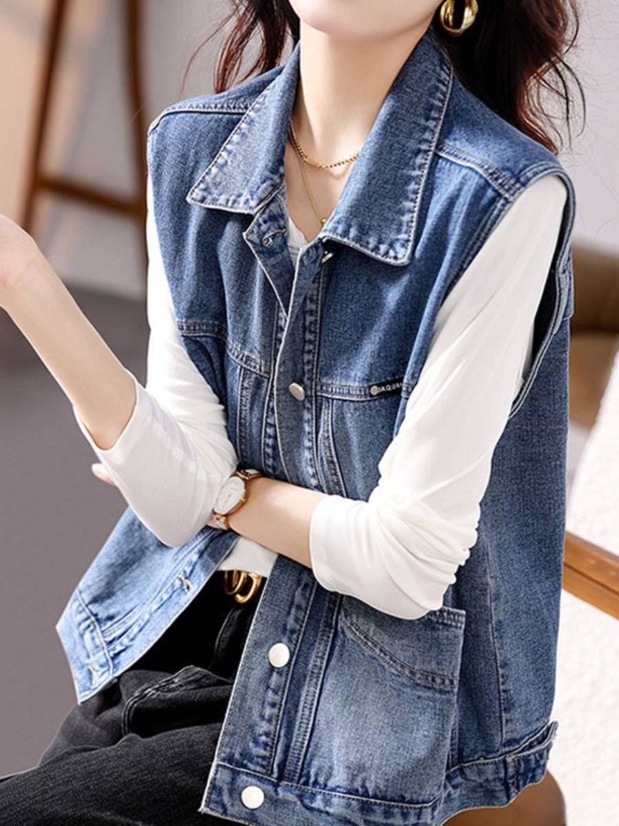 Brand discount counter Qingcang female denim vest jacket age -reducing workpiece vest jacket loose casual thin horse clip