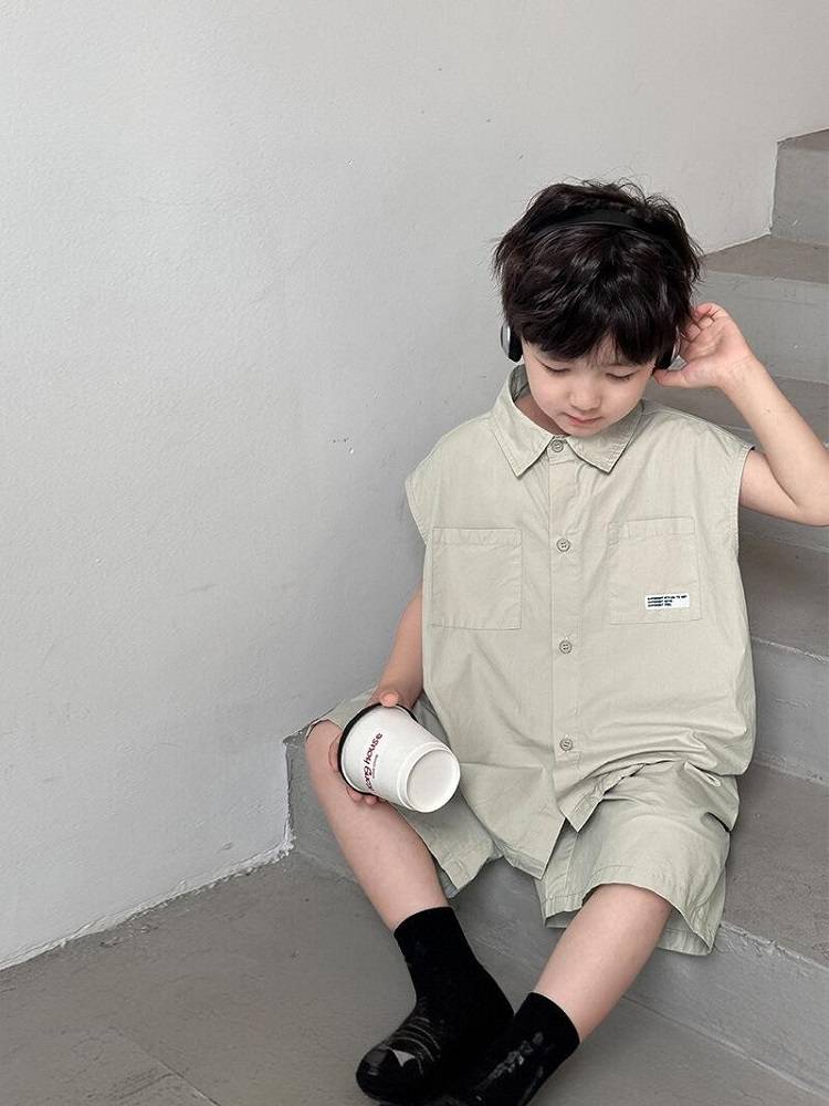 2024 new boys summer clothing vest vest vest shorts set children's clothing Korean children's lapel clothes