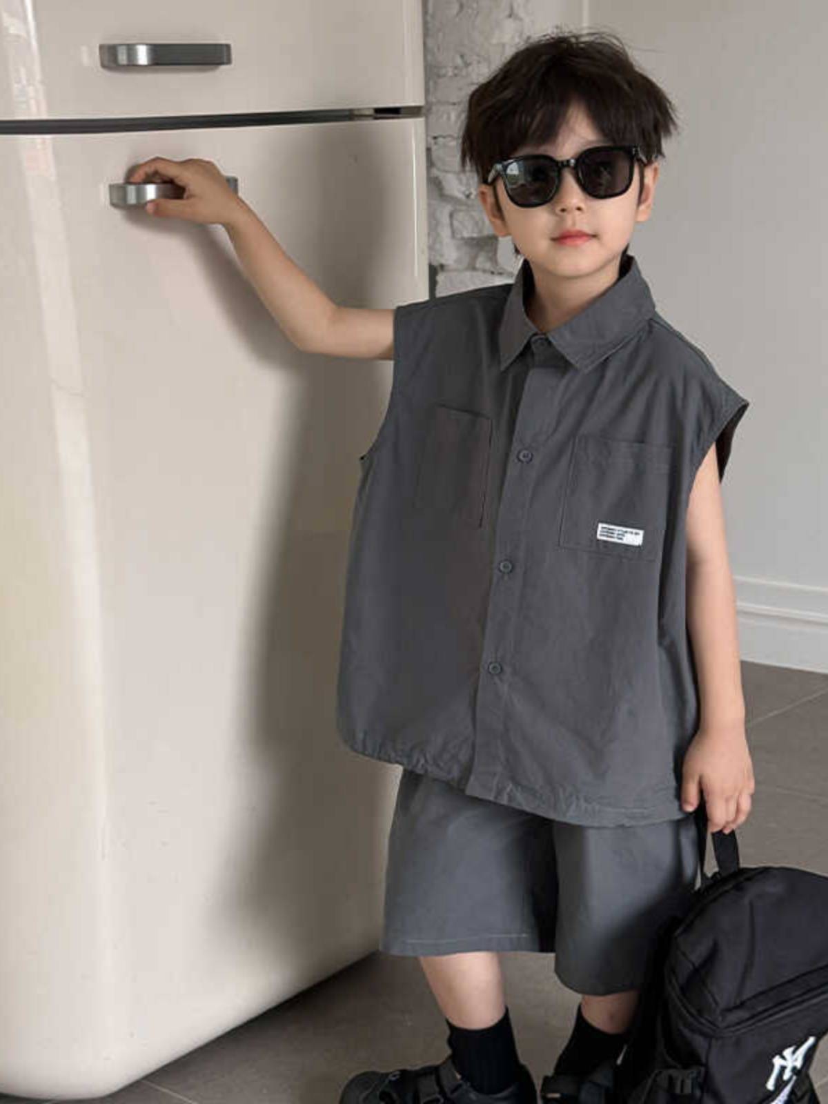 2024 new boys summer clothing vest vest vest shorts set children's clothing Korean children's lapel clothes