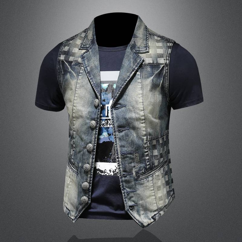 European Station denim vest men 2024 spring new product embroidery suit collar literary denim jacket repair