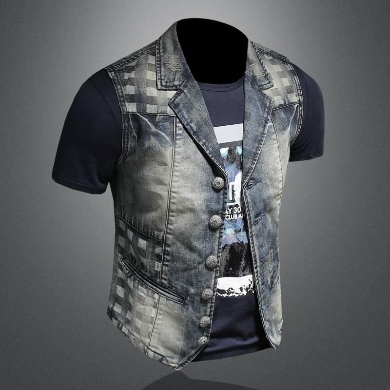 European Station denim vest men 2024 spring new product embroidery suit collar literary denim jacket repair
