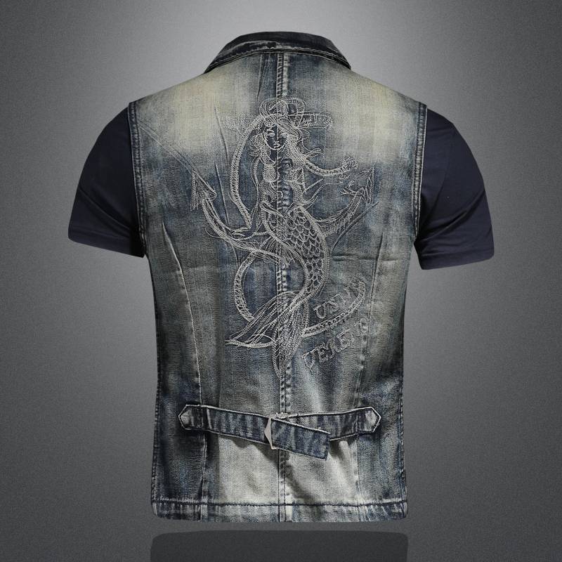 European Station denim vest men 2024 spring new product embroidery suit collar literary denim jacket repair