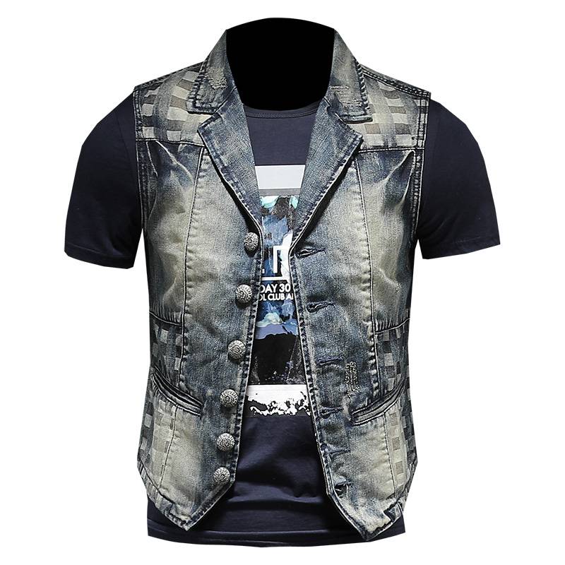 European Station denim vest men 2024 spring new product embroidery suit collar literary denim jacket repair