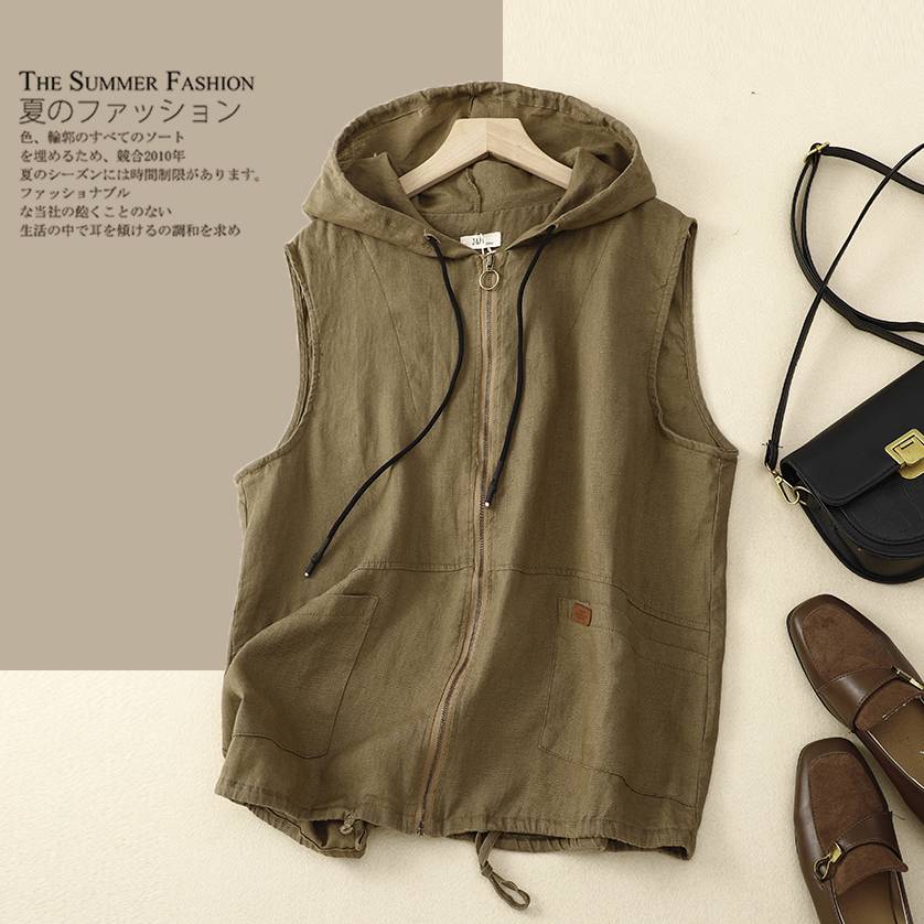 Export big -name discount Women's retro hooded vest top drawers thin cotton and linen vest jacket