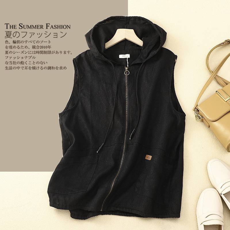 Export big -name discount Women's retro hooded vest top drawers thin cotton and linen vest jacket