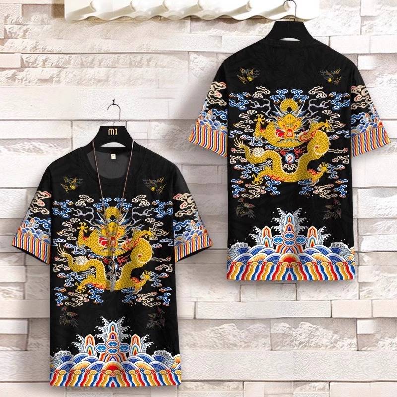 Chinese style Qing Dynasty official service emperor yellow horse gown dragon robe, clothes costume men's summer 3D short -sleeved T -shirt large size vest